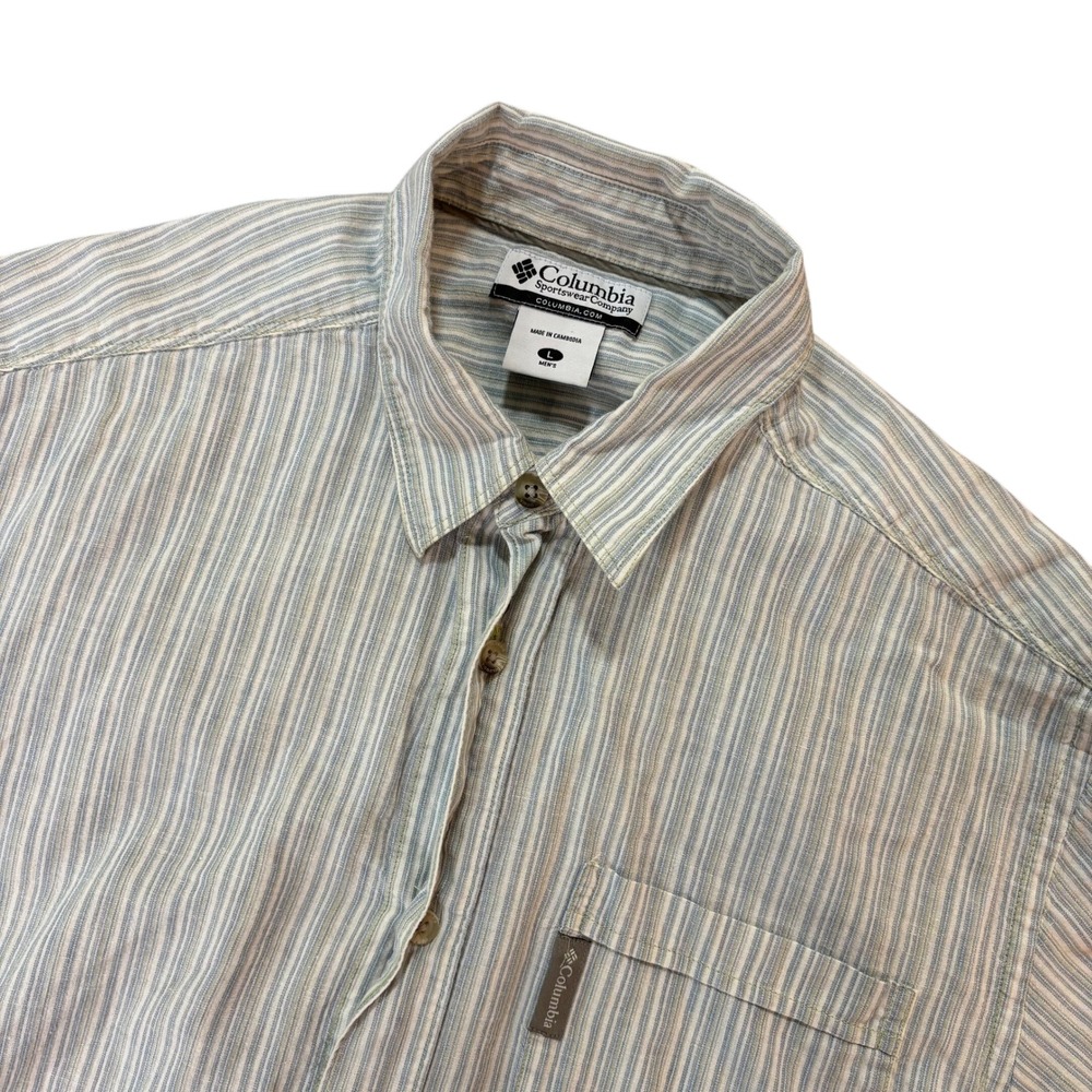 Columbia Mens Linen Cotton Striped Short Sleeve Button Down Shirt Large AM7316